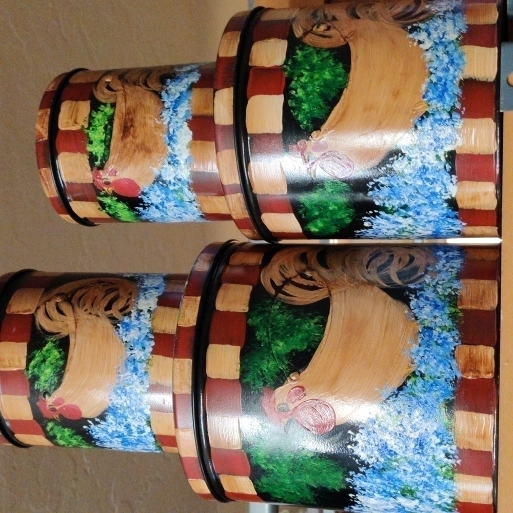 SET Of Four Hand-painted Rooster Canisters Four Different Sizes, Storage / Kitch